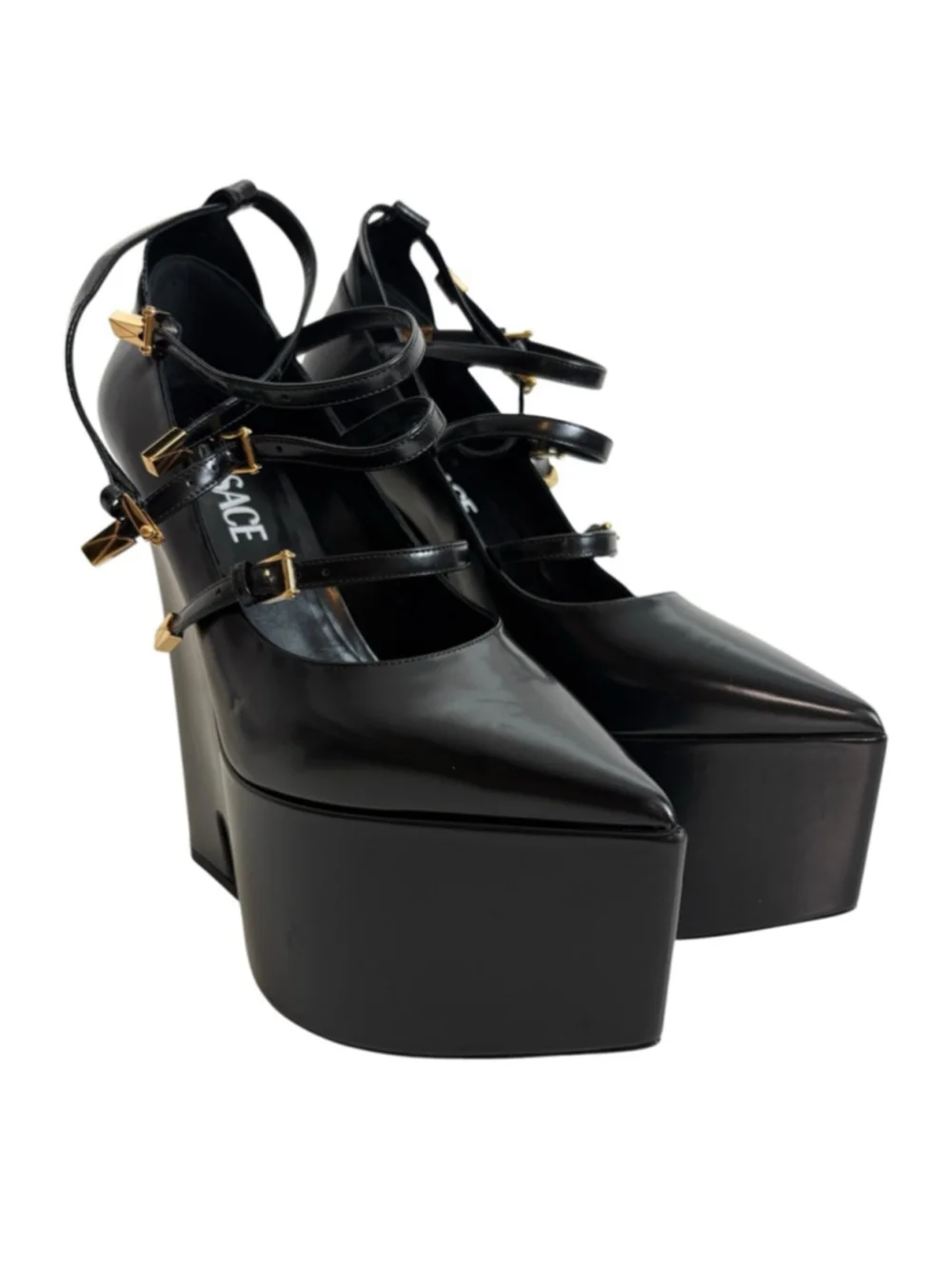 VERSACE Designer Heels Tempest Leather Platform Pumps Straps Black Size 37.5